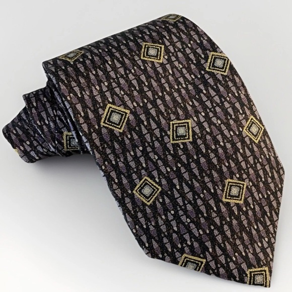 GUY LAROCHE Silk Tie MADE IN CANADA Purple & Gold Geometric Pattern Designer - Picture 1 of 5